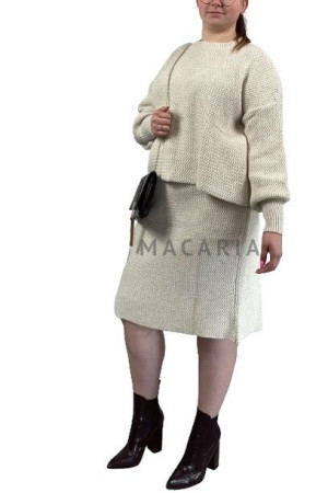 Komplet Sweterkowy Plus Size Spódnica + Sweter Ecru