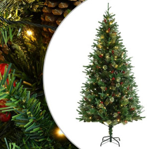 Choinka z lampkami LED i szyszkami, zielona, 225 cm, PVC i PE