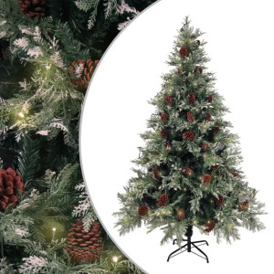 Choinka z LED i szyszkami, zielono-biała, 120 cm, PVC i PE
