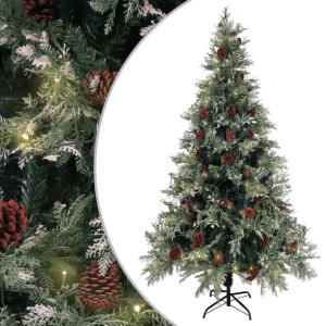 Choinka z LED i szyszkami, zielono-biała, 195 cm, PVC i PE