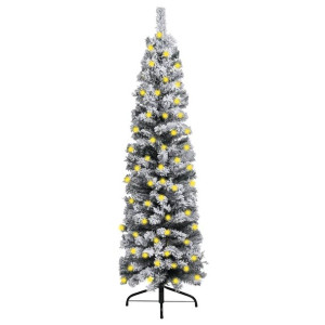 Smukła choinka flokowana śniegiem, z LED, zielona, 210 cm, PVC
