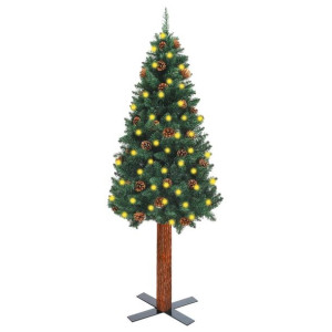 Smukła choinka z LED, drewnem i szyszkami, zielona, 150 cm