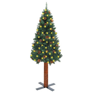 Smukła choinka z LED, drewnem i szyszkami, zielona, 210 cm