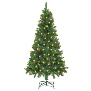 Sztuczna choinka z lampkami LED i szyszkami, zielona, 150 cm