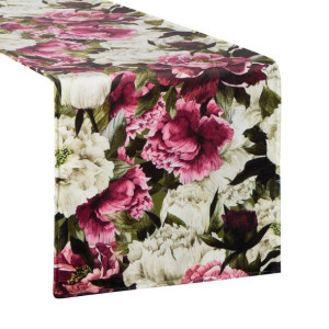 Bieznik welwetowy dwustronny w kwiaty VELVET 35X140 oliwkowy + różowy