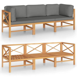 3-os. sofa ogrodowa z szarymi poduszkami, lite drewno tekowe