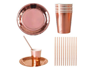 Zestaw talerzyki kubeczki słomki rose gold różowe