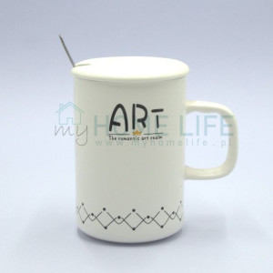 Kubek ceramiczny z pokrywką i łyżeczką 450ml ART#3