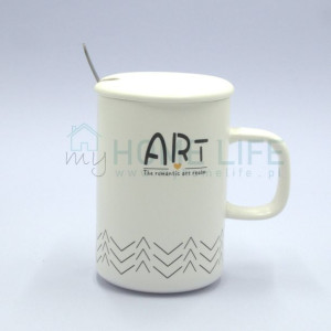 Kubek ceramiczny z pokrywką i łyżeczką 450ml ART#2