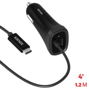 Kanex USB-C-Ładowarka samochodowa z kablem USB-C,3 A,1.2 m+USB Port 1 A