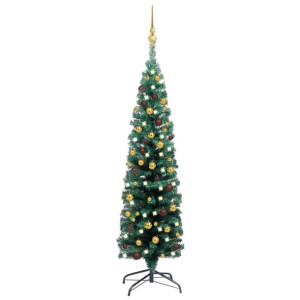 Smukła choinka z lampkami LED i bombkami, zielona, 120 cm