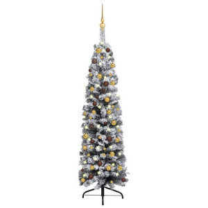 Smukła choinka z lampkami LED i bombkami, zielona, 120 cm, PVC