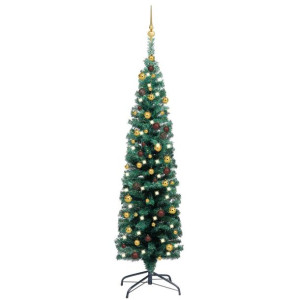 Smukła choinka z lampkami LED i bombkami, zielona, 150 cm