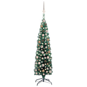 Smukła choinka z lampkami LED i bombkami, zielona, 150 cm