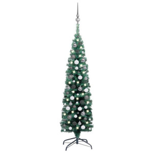 Smukła choinka z lampkami LED i bombkami, zielona, 150 cm