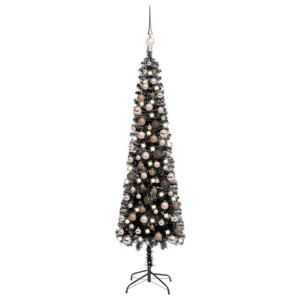 Smukła choinka z lampkami LED i bombkami, czarna, 150 cm