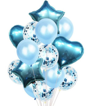 Balony Zestaw 14szt Urodziny Gwiazda Serce Niebieskie