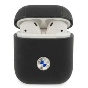 Bmw Bma2sslbk Airpods Cover Czarny/black Geniune Leather Silver Logo