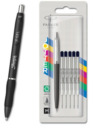 Długopis Parker Jotter Czarny + 5 Wkładów Czarnych + Sharpie S-Gel Czarny
