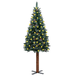 Smukła choinka z LED, drewnem i śniegiem, zielona, 210 cm