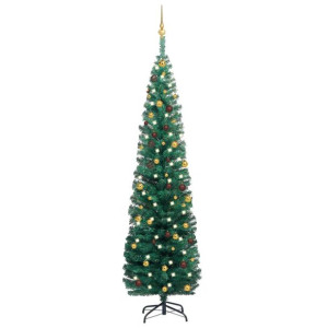 Smukła choinka z lampkami LED i bombkami, zielona, 210 cm