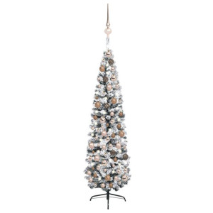 Smukła choinka z lampkami LED i bombkami, zielona, 210 cm