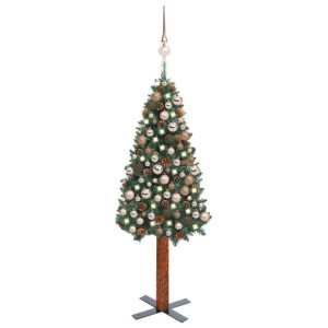 Smukła choinka z lampkami LED i bombkami, zielona, 180 cm, PVC