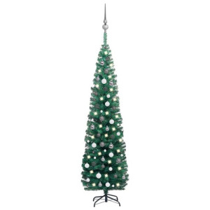 Smukła choinka z lampkami LED i bombkami, zielona, 210 cm