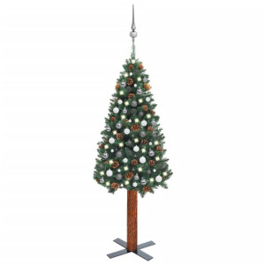 Smukła choinka z lampkami LED i bombkami, zielona, 180 cm, PVC