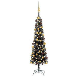 Smukła choinka z lampkami LED i bombkami, czarna, 240 cm