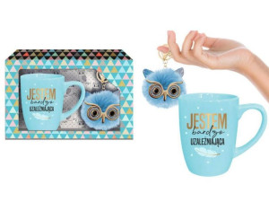 Kubek-Jestem bardzo uzależniająca - zestaw kubek Baryłka pastel 300ml niebi