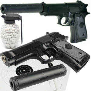 BERETTA Pistolet Metalowy na Kulki 6mm Replika ASG + Tłumnik + Granat Kulek