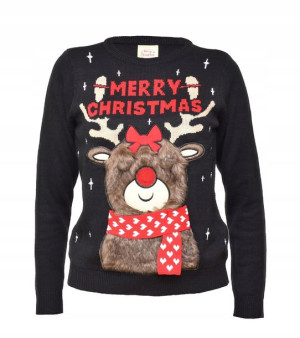 Sweter świąteczny z włochatym reniferem świeci S