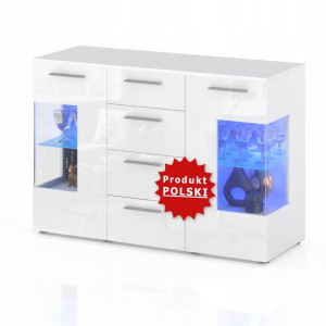 Komoda 4 Szuflady 150 Cm Led Witryna Połysk Biały
