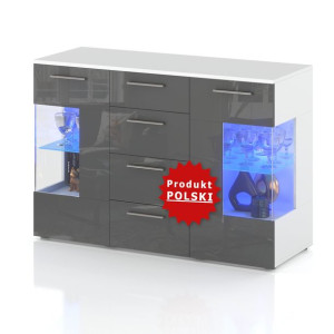 Komoda 4 Szuflady 150 Cm Led Witryna Połysk Szary