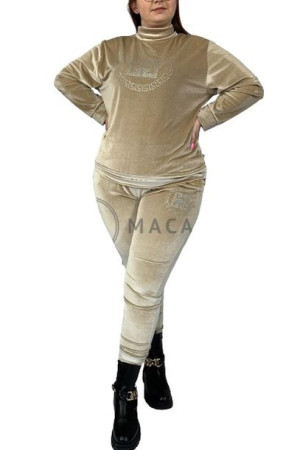 Elegancki Komplet Dresowy Welurowy Plus Size Beige 5/6xl