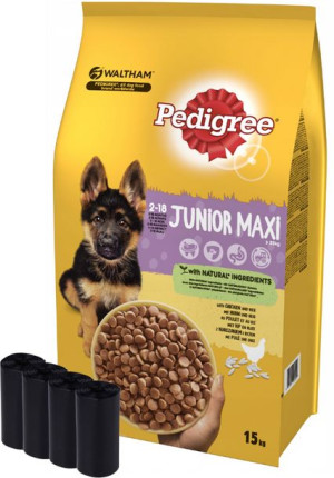 PEDIGREE® Junior Maxi 15 kg z kurczakiem i ryżem + Woreczki na odchody (4x2