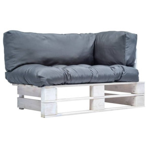 Sofa ogrodowa z palet z szarymi poduszkami, sosna