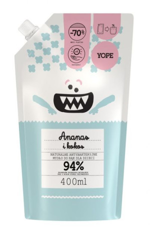 YOPE Mydło do rąk dla dzieci antybakteryjne- ANANAS i KOKOS 400ml - zapas