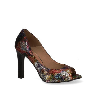 Czółenka czarne w multikolorowy wzór peep toe 35