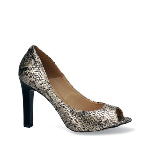 Czółenka czarno złota skóra węża peep toe 35
