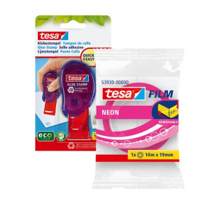 Klej w stemplu tesa + taśma biurowa neon, różowa