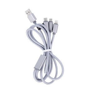 Maxlife kabel 3w1 USB-Lightning+USB-C + microUSB 1,0 m 2,1A szary nylonowy