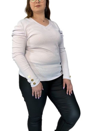 Prążkoana Bluzka Z Długim Rękawem Plus Size Biała Uni