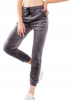 Spodnie Damskie Dresowe Welurowe Dres Szary S/M