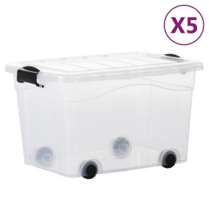 Pudełka z pokrywami i kółkami, 5 szt., przezroczyste, 40 L