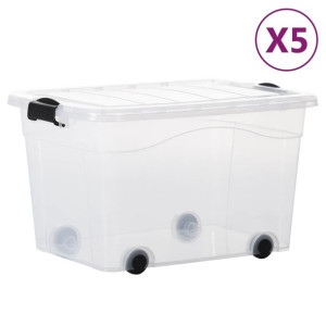 Pudełka z pokrywami i kółkami, 5 szt., przezroczyste, 60 L