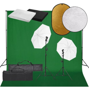 Fotograficzny zestaw studyjny z lampami, tłem i blendami