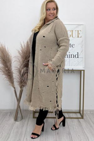 Długi Sweter Kardigan z Kapturem Plus Size BADU I Beżowy UNI