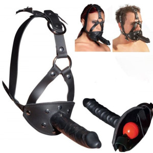 Sex Maska Dilod z Kneblem Skórzana FACE STRAP-ON